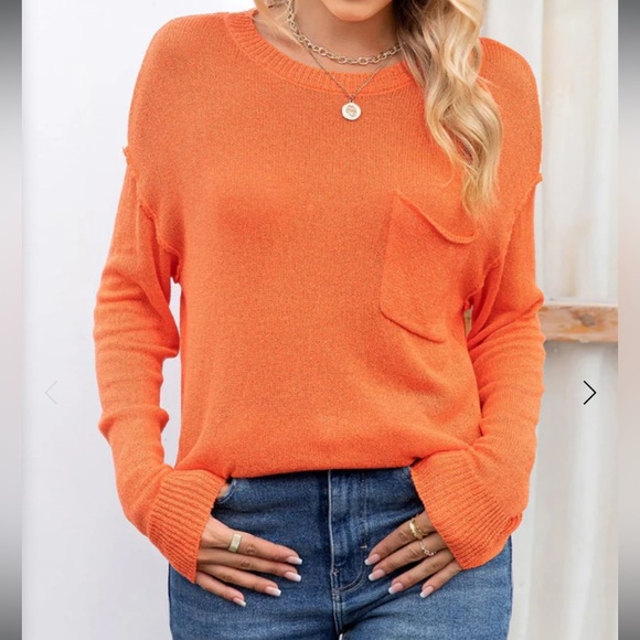 Vibrant Coral Orange Knit Crewneck Sweater w/ Drop Shoulder Chest Pocket… - Picture 14 of 14
